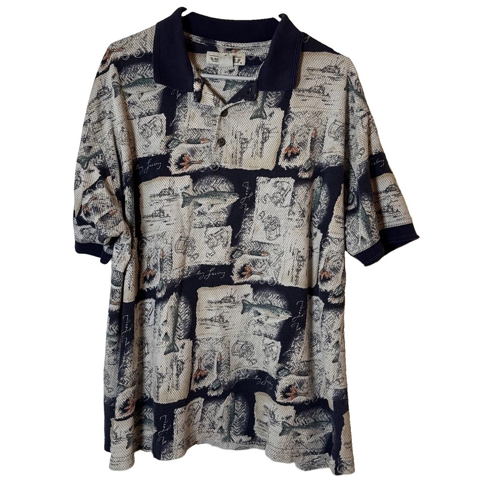 VTG Natural Issue Men's XL Fly Fishing Fish Print Cotton Polo Shirt Turkey